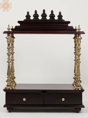 40" Large Wood & Brass Puja Temple with Double Drawer