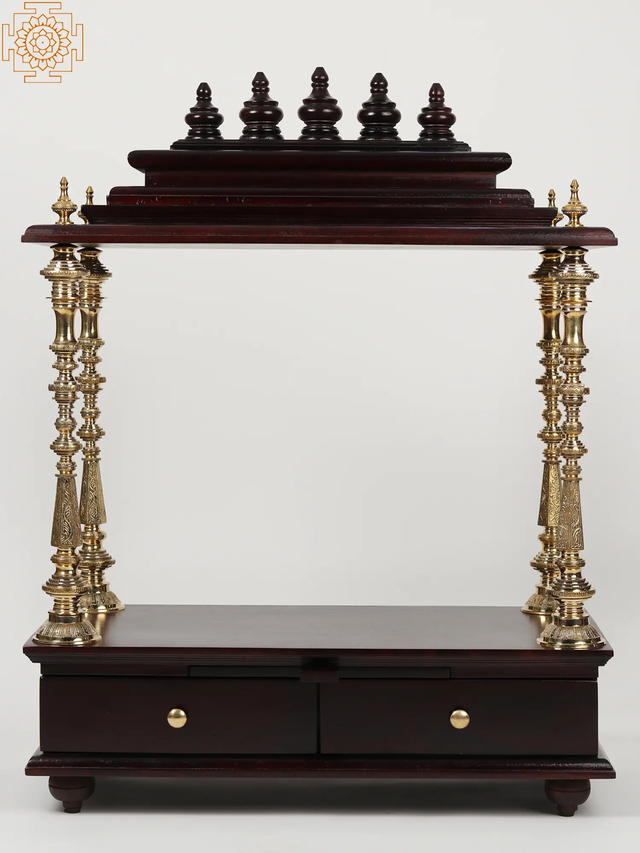 40" Large Wood & Brass Puja Temple with Double Drawer