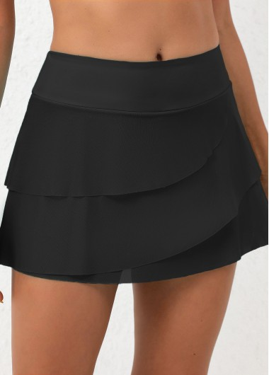 Black High Waisted Layered Swim Skirt