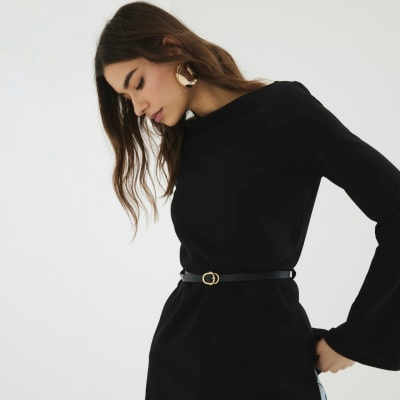 Black Long Sleeve Belted Tunic Top