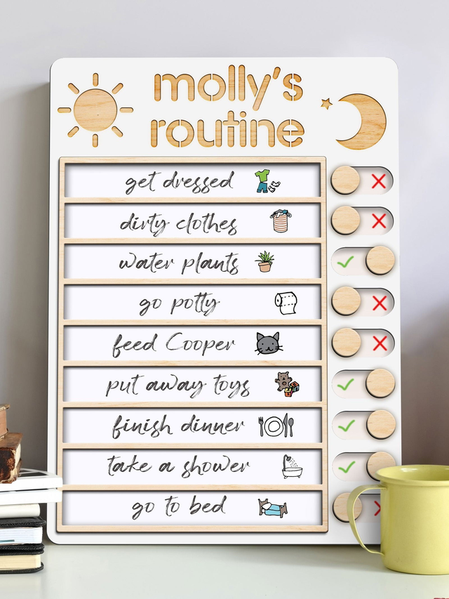 Wooden Routine Chart with 150+ Stickers, Morning and Bedtime Chore Chart PR01