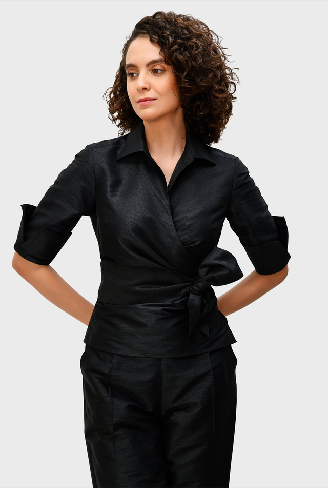 Bow-tie dupioni wrap top