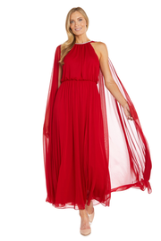 Elegant Chiffon Long Dress with Rhinestone-Trimmed Blouson Top and Dramatic Cape