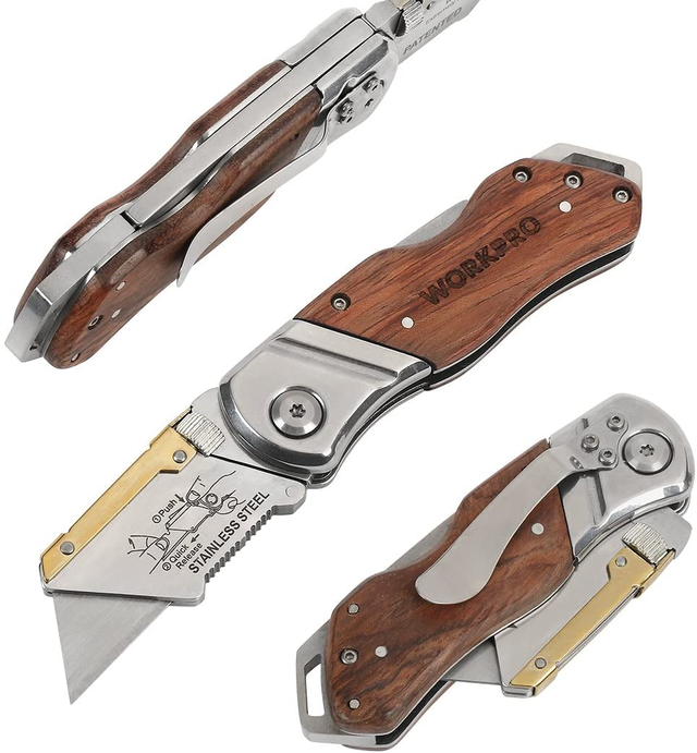 WORKPRO Folding Utility Knife Wood Handle Heavy Duty Cutter