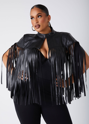 Fringed Faux Leather Cape Jacket