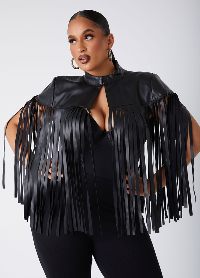 Fringed Faux Leather Cape Jacket