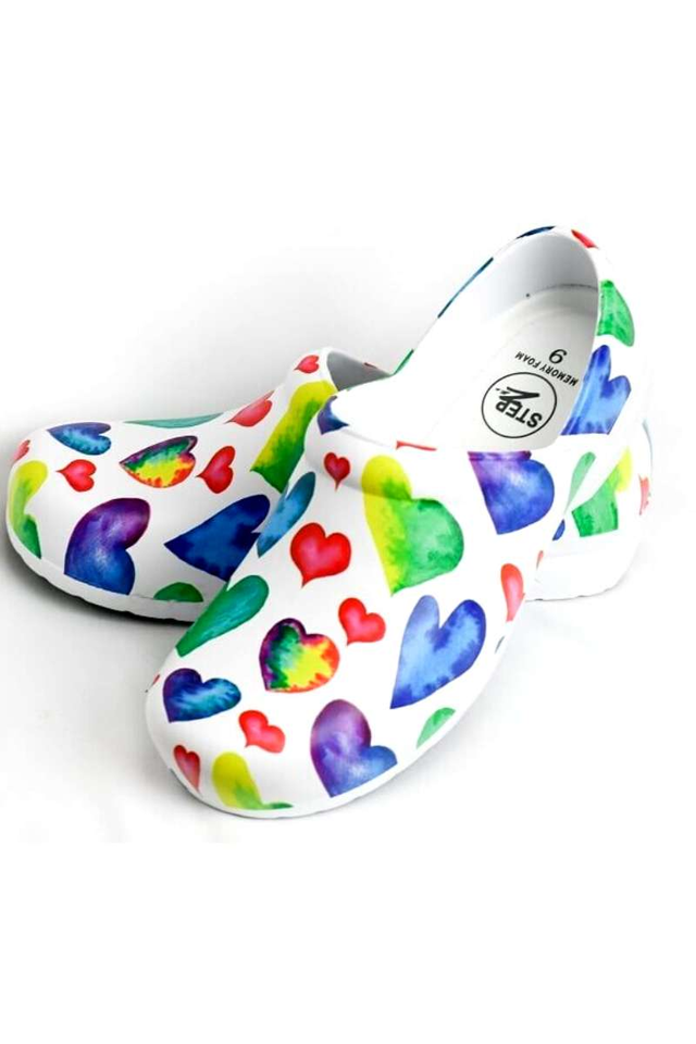StepZ Women's Slip Resistant Nurse Clogs | Rainbow Hearts