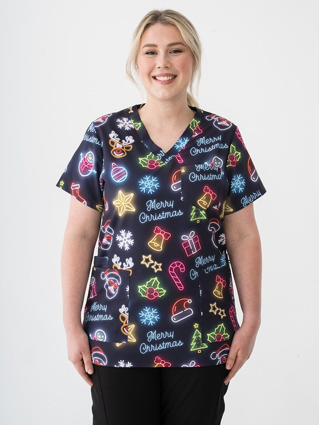 Scrub Top Merry Christmas Neon Lights