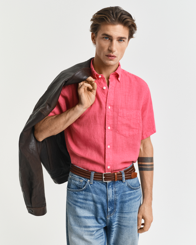 Regular Fit Garment-Dyed Linen Short Sleeve Shirt