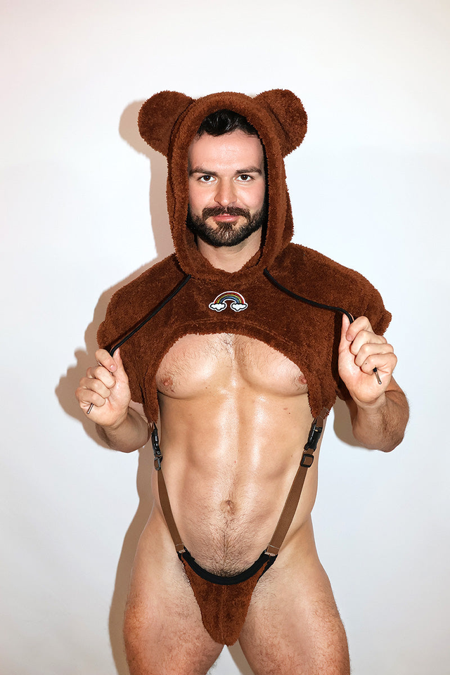 Queer Bear Hoodie Strap Thong Bodysuit- Brown