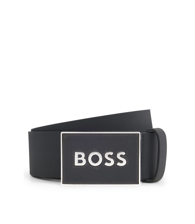 Italian-leather belt with textured plaque buckle