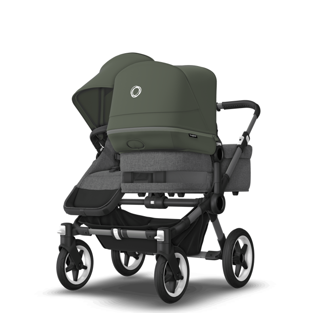 Bugaboo Donkey 5 Duo bassinet and seat stroller graphite base, grey mélange fabrics, forest green sun canopy