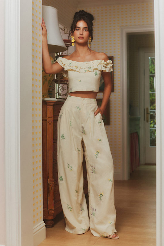 Rowena Cream Embroidered Wide-Leg Pants