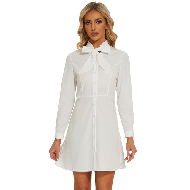 Custom Women's Long Sleeve Bow Deco Button Up Dress