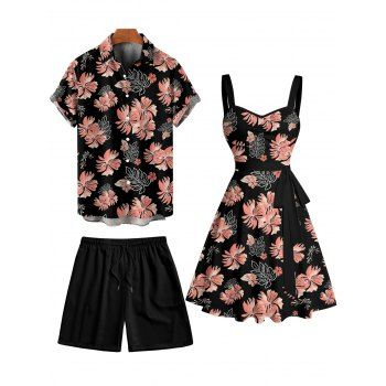 Vacation Couple Outfit Allover Floral Leaf Pattern Ruched Bust Belted Dress and Roll Up Sleeve Shirt Solid Color Drawstrings Beach Shorts Outfit