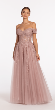 Off the Shoulder Embroidered Tulle Ballgown