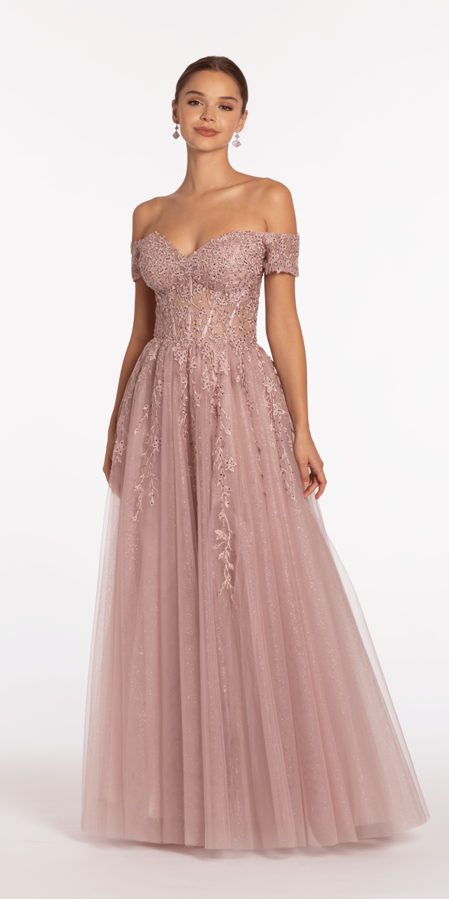 Off the Shoulder Embroidered Tulle Ballgown