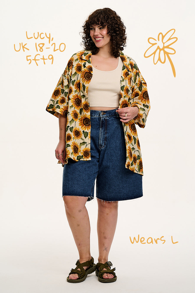 Santiago - Cotton Shirt in Cream Sunflower Print