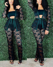 3PCS Long Sleeve Lace Top & Pants Set With Tube Top