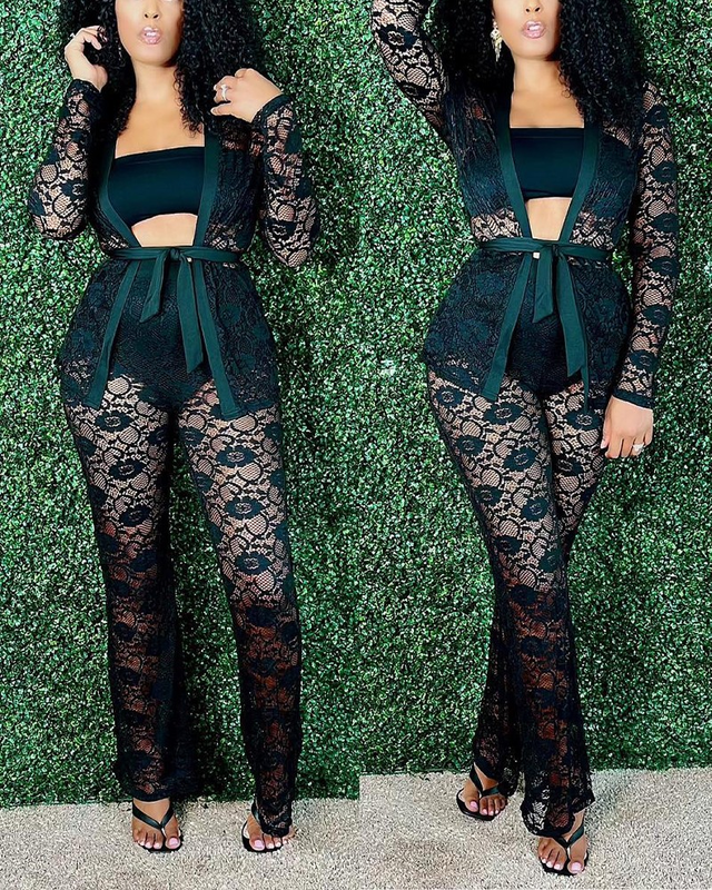 3PCS Long Sleeve Lace Top & Pants Set With Tube Top