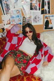 Love You Oversized Checkerboard Cardigan in Red + Lavender