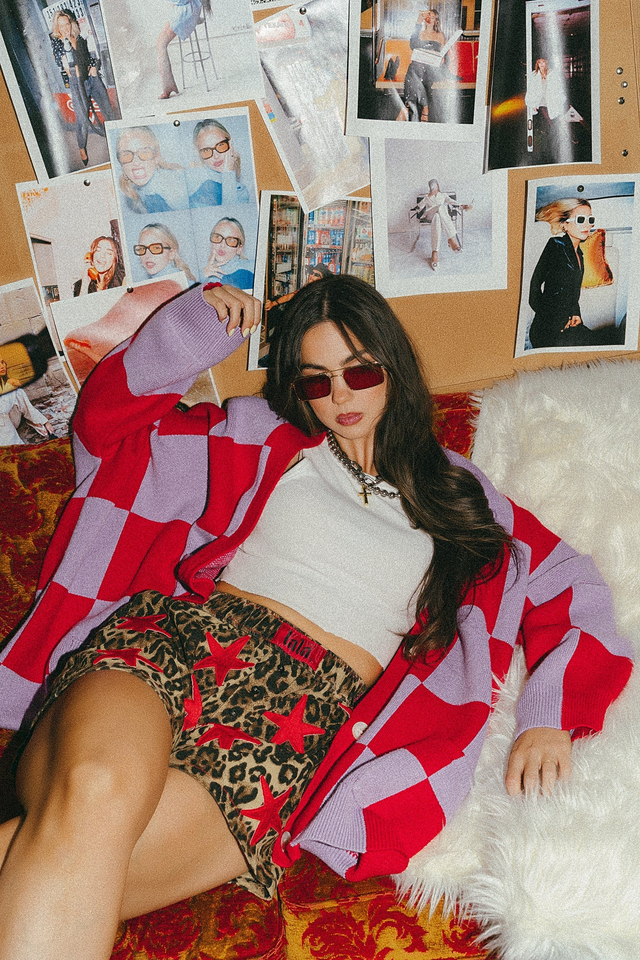Love You Oversized Checkerboard Cardigan in Red + Lavender