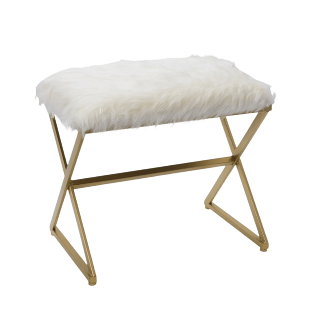 X Leg White Faux Fur Stool - Gold
