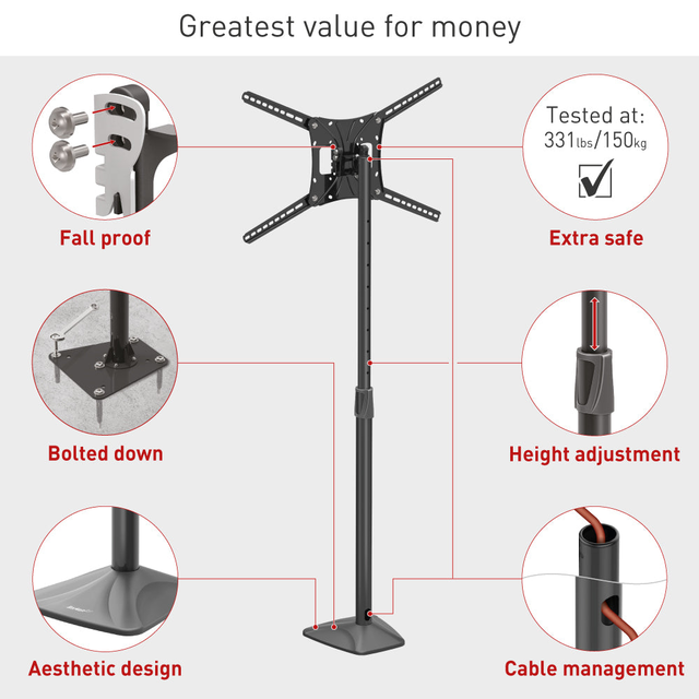Barkan 13" - 83" Fixed Floor Stand TV Mount - Swivel, Tilt & Height Adjustment