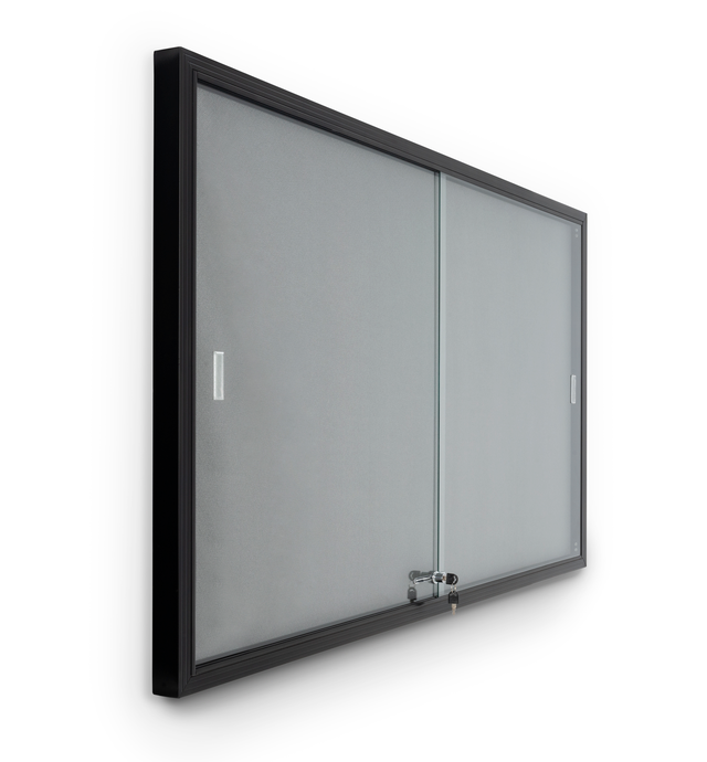 60 x 36 Enclosed Bulletin Board with 2 Locking Sliding Doors - Black with Gray Fabric