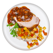 Caramelized Onion Apple Jus Roasted Pork