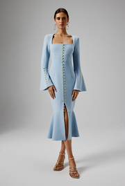 PRE-ORDER SERENA Fluted Sleeve Micro Shell Button Midi Dress in Light Blue