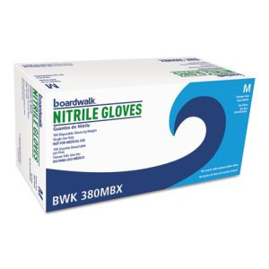 Boardwalk® Disposable Nitrile Gloves, Medium, Blue, 4 mil, 100/BX (BWK380MBXA)