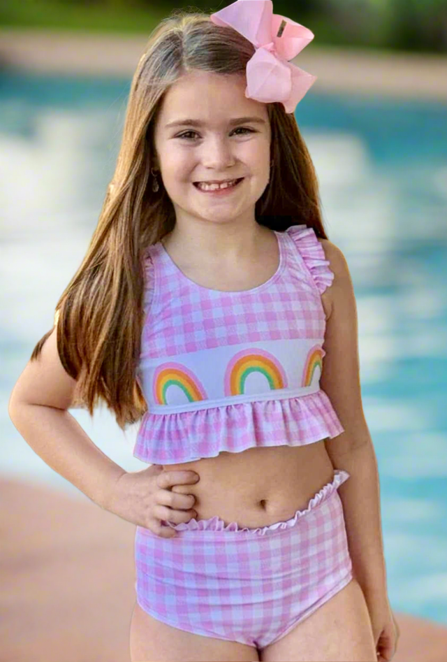 Rainbows & Pink Plaid Ruffle Bikini Swimsuit