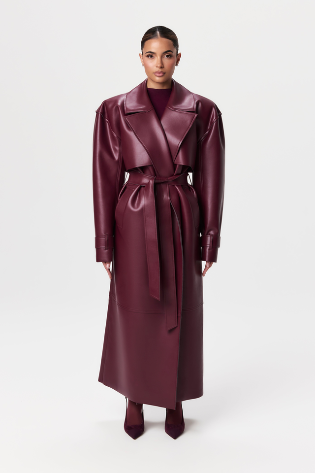 Vegan Leather Belted Trench Coat