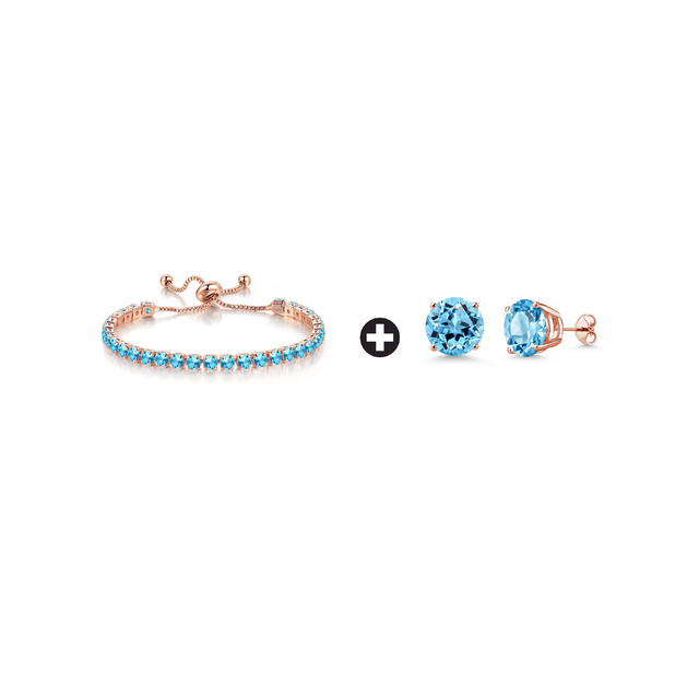 BJ Jewelry 10k Rose Gold 7 Cttw Created Blue Topaz Round Adjustable Tennis Bracelet and Earrings Set
