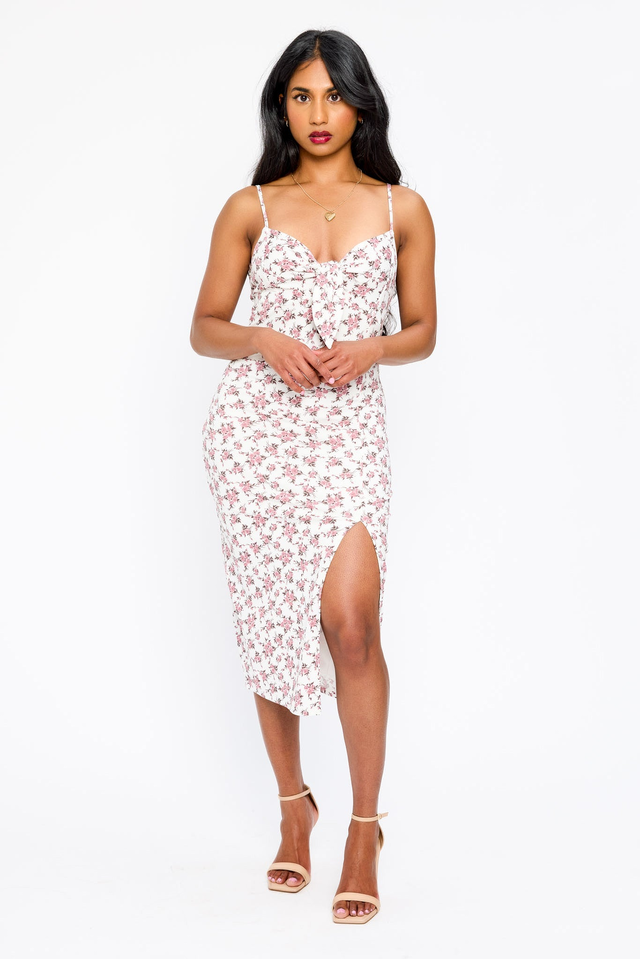 Ditsy Spaghetti Strap Knotted V-Neck Midi Dress with Side Slit