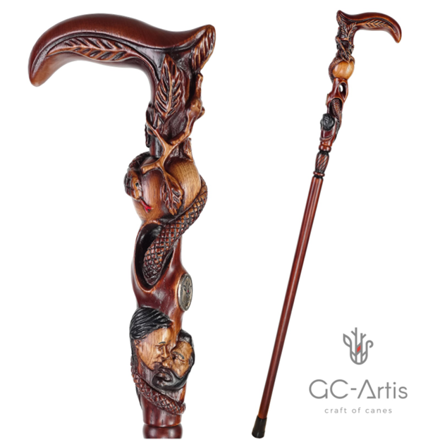 Adam & Eve Carved Wood Cane: Unique Wood Handcarved Artisan Detail