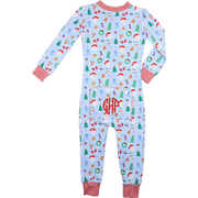 Blue Knit Yuletide Print Zipper Pajamas