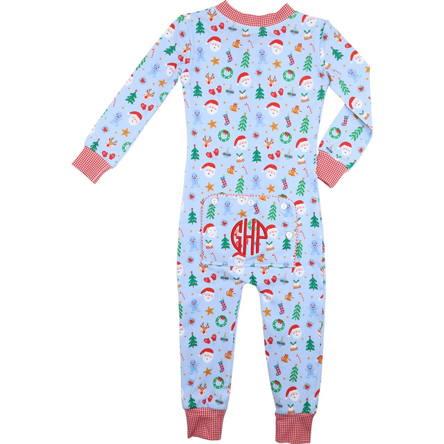 Blue Knit Yuletide Print Zipper Pajamas