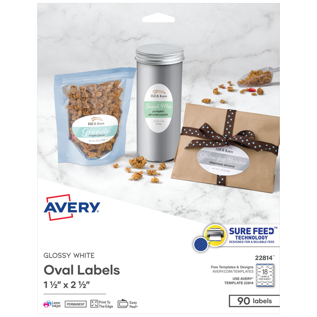 Avery® 1-1/2" x 2-1/2" Oval Labels with Sure Feed, 90 Labels, Permanent Adhesive, Glossy White (22814)
