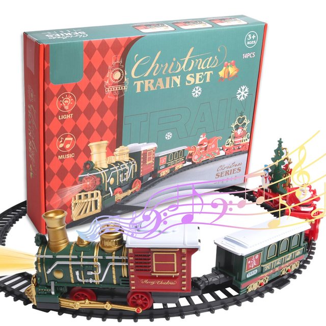 Mini Christmas Electric Train Set with Sound & Light, Train Toys w/Steam Locomotive Engine, Cargo Cars & Tracks, Toy Train w/Rechargeable Battery for Kids Boys 3+ Year Old