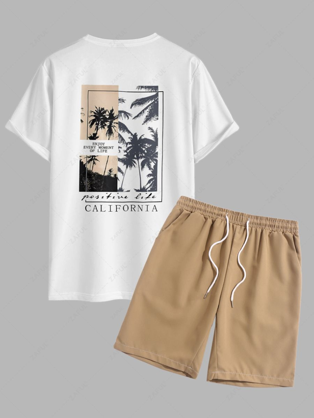 Men's Letter Palm Tree Graphic Printed Crew Neck Short Sleeves T-shirt And Drawstring Casual Shorts Set