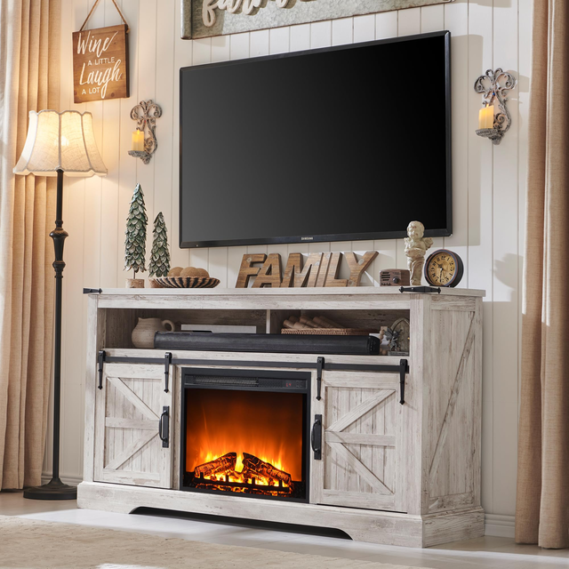 OKD Fireplace TV Stand for 65+ Inch TV, 33" Tall Highboy Farmhouse Entertainment Center w/ 23'' Electric Fireplace, Rustic Media