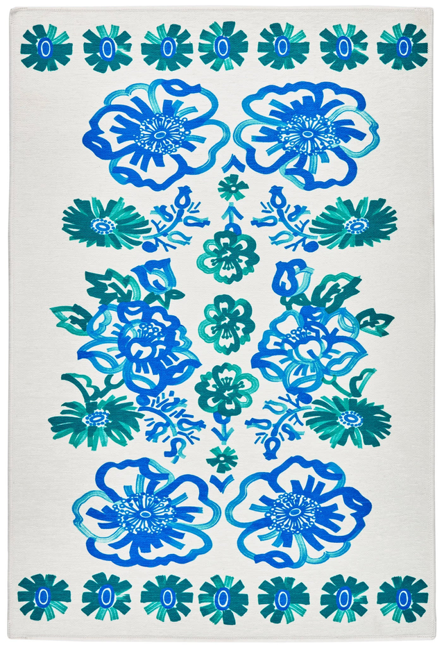 Graphic Gerbera Machine Washable Rug | Teal