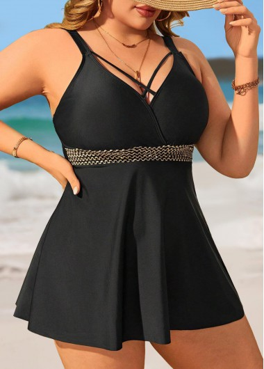 Plus Size Black Criss Cross Black Swimdress and Panty