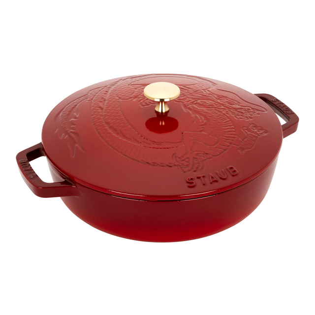 Staub Cast Iron - Braisers/ Sauté Pans 9.5-inch, Braiser With Dragon Lid, Cherry
