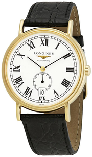 Longines Presence Automatic Yellow Gold PVD White Dial Black Leather Strap Date Mens Watch L4.805.2.11.2