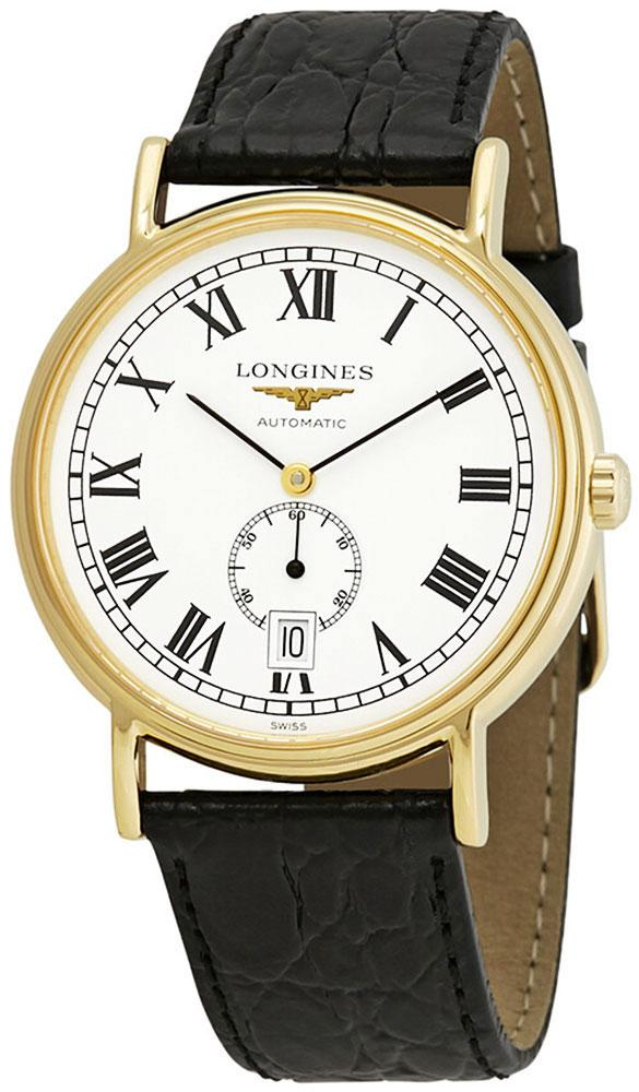 Longines Presence Automatic Yellow Gold PVD White Dial Black Leather Strap Date Mens Watch L4.805.2.11.2