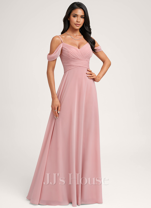 A-line Cold Shoulder Floor-Length Chiffon Bridesmaid Dress (007298057)