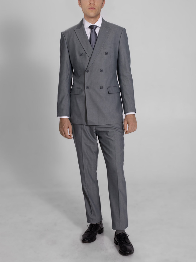 Grey Blue Herringbone Double Breasted Suit